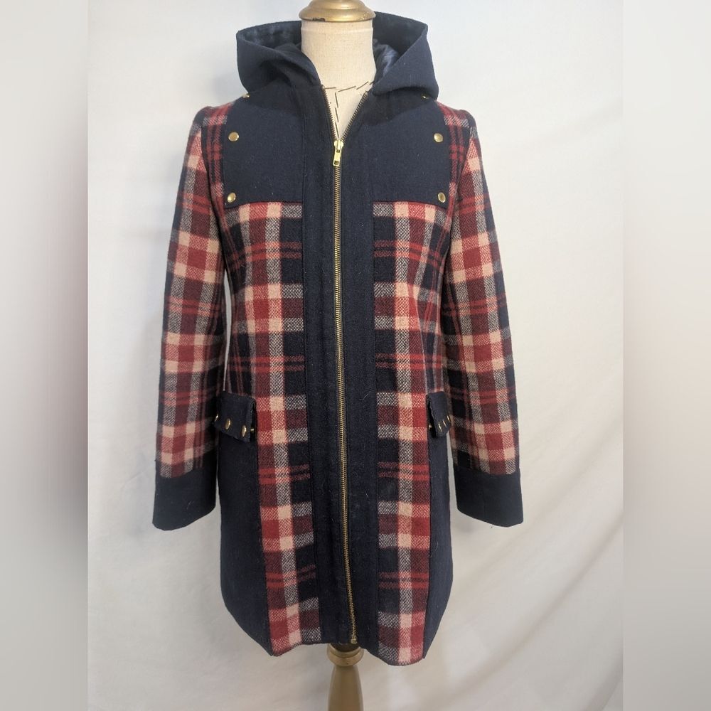 Madchen Navy/Red Plaid Wool Utility Jacket S Taylor Swift Zoey Deschanel - Picture 2 of 10